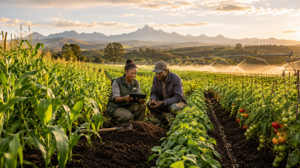 Agronomist and farmer inspecting soil and crop health in a thriving Kenyan mixed farm at sunrise, surrounded by healthy maize, bean, and tomato fields. Rich dark soil is visible in the foreground, while a modern irrigation system waters the crops. Rolling green highlands and Mount Kenya-inspired peaks appear in the background under warm golden morning light, showcasing sustainable agriculture and modern agribusiness practices.